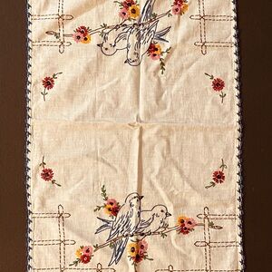 Antique vintage, Embroidered table runner, Bird Design Linen Fabric.
